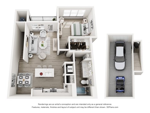Floor plan for 1 bed, 1 bath, 881 sqft